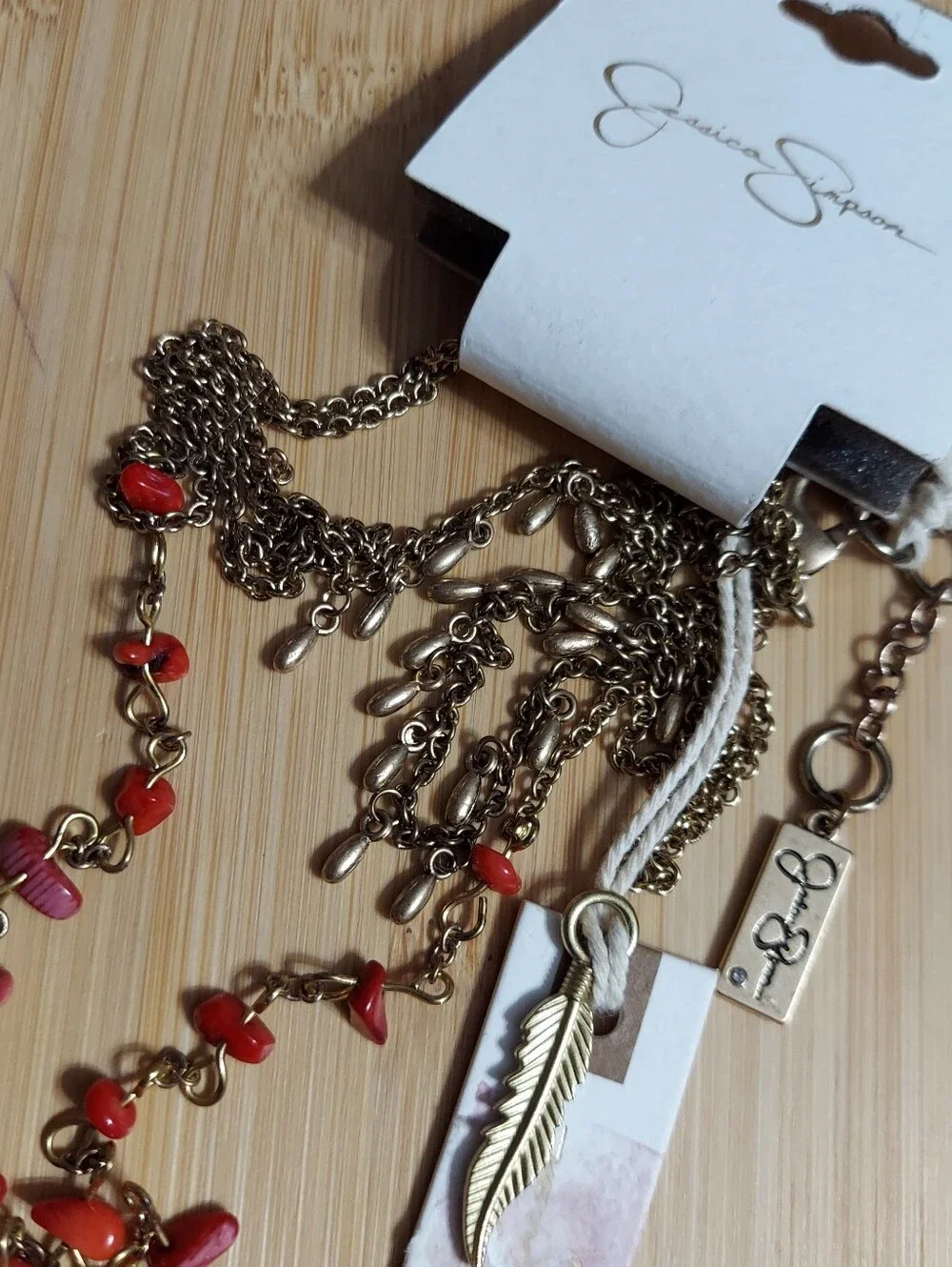 Jessica Simpson Antique Gold Tone/Multi-Strand Coral Stone Evil Eye Necklace